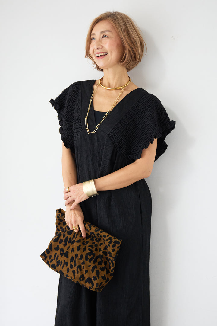 ふくれジャガード シャーリングサロペット