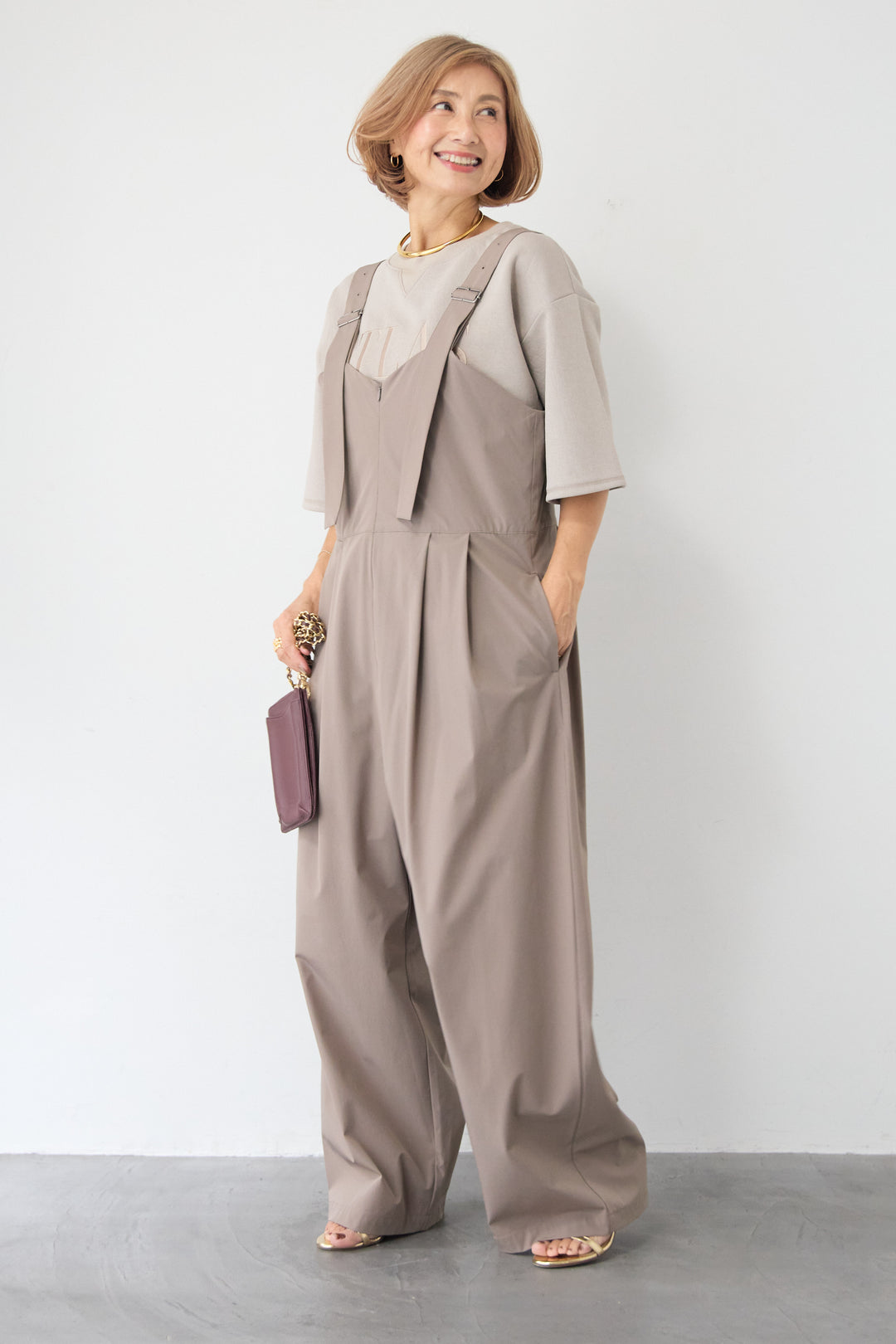 [SET]【セットアップ対応】刺繍ロゴ 5分袖スウェットプルオーバー+【接触冷感】ベルトサロペットパンツ(2set)