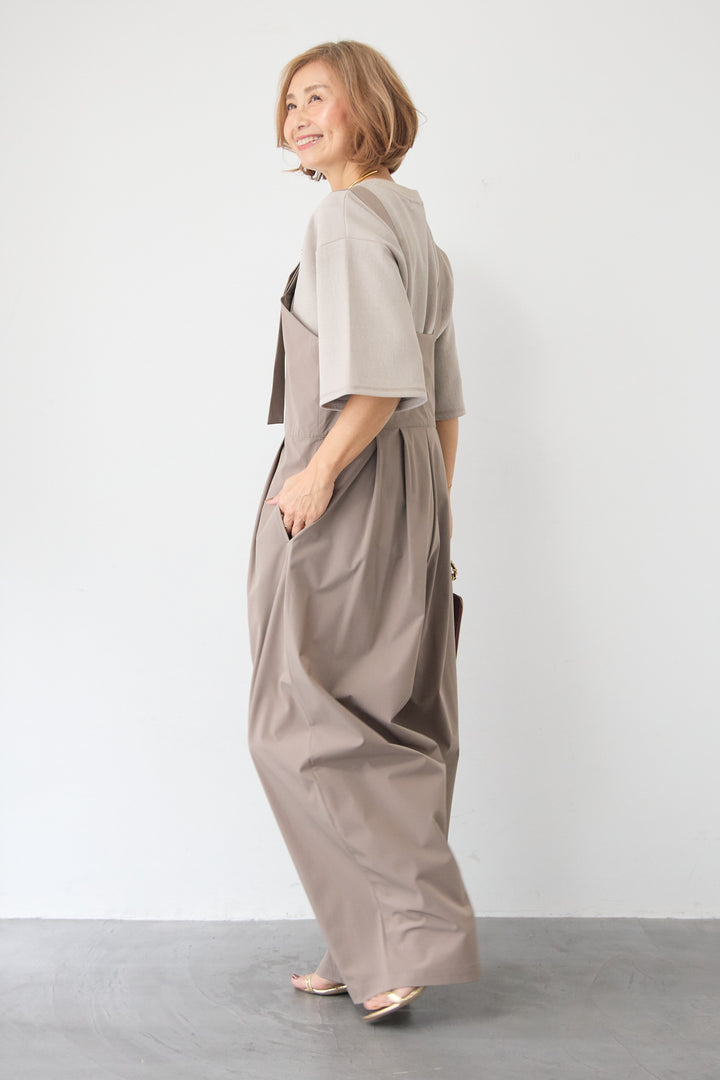 [SET]【セットアップ対応】刺繍ロゴ 5分袖スウェットプルオーバー+【接触冷感】ベルトサロペットパンツ(2set)