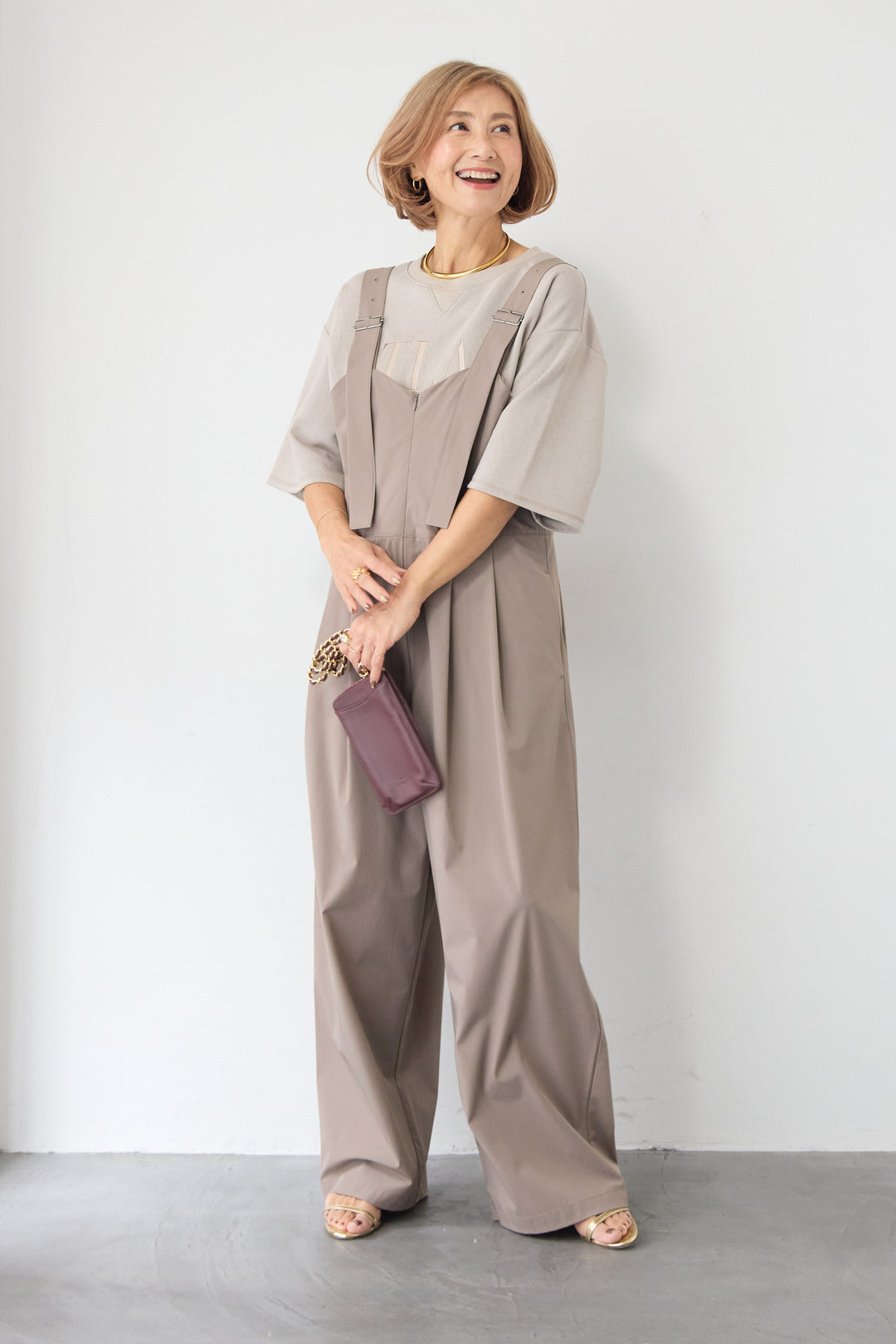 [SET]【セットアップ対応】刺繍ロゴ 5分袖スウェットプルオーバー+【接触冷感】ベルトサロペットパンツ(2set)