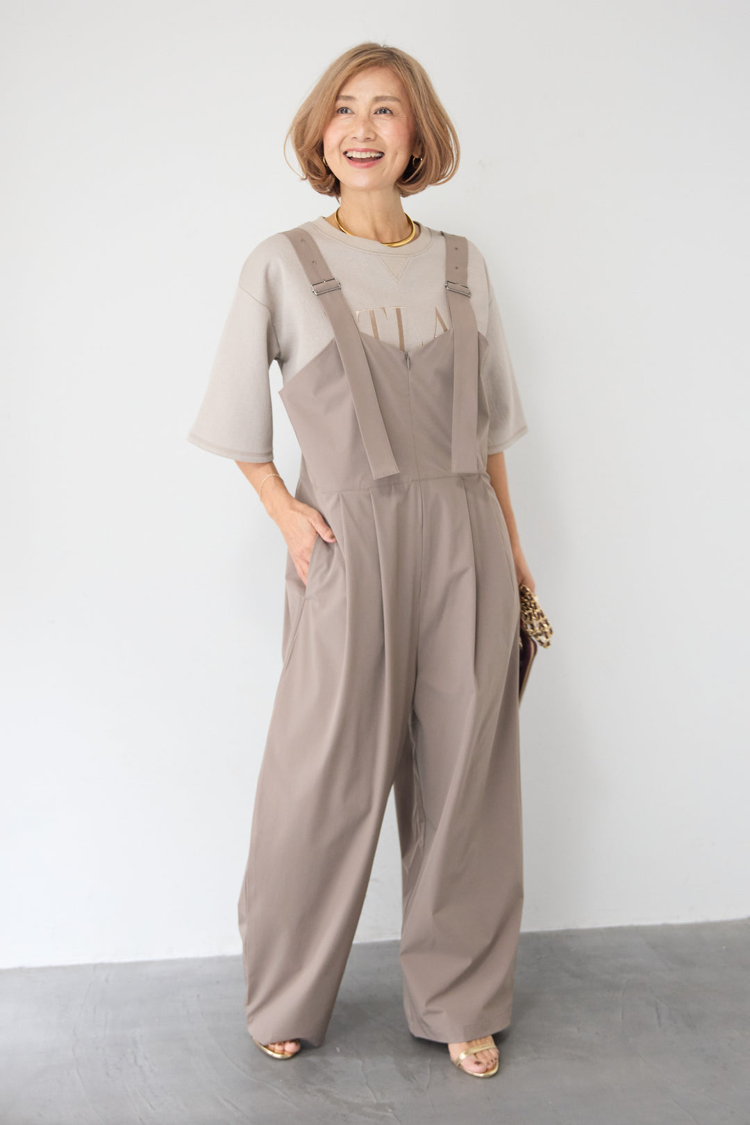 [SET]【セットアップ対応】刺繍ロゴ 5分袖スウェットプルオーバー+【接触冷感】ベルトサロペットパンツ(2set)