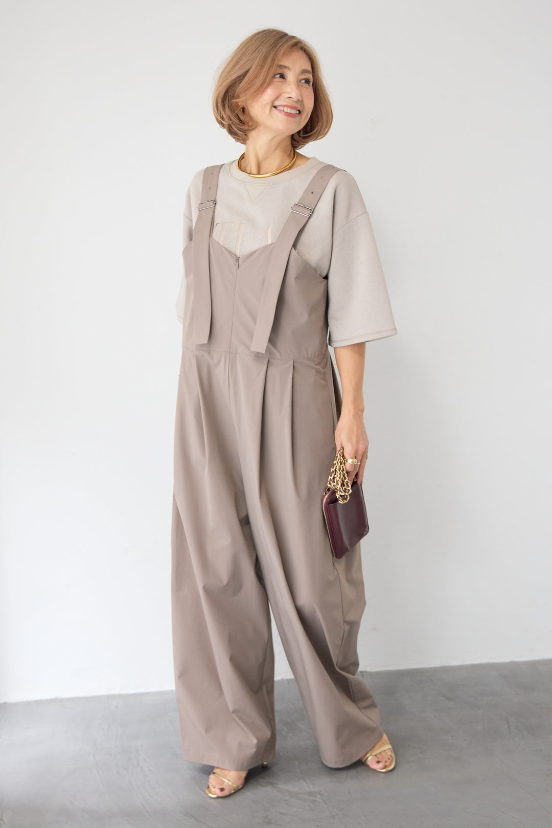 [SET]【セットアップ対応】刺繍ロゴ 5分袖スウェットプルオーバー+【接触冷感】ベルトサロペットパンツ(2set)