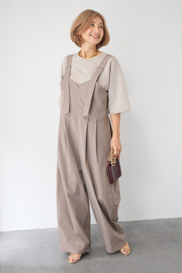 [SET]【セットアップ対応】刺繍ロゴ 5分袖スウェットプルオーバー+【接触冷感】ベルトサロペットパンツ(2set)