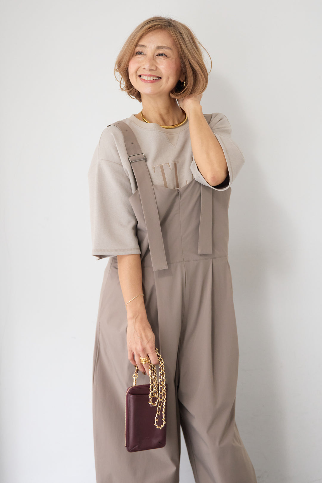 [SET]【セットアップ対応】刺繍ロゴ 5分袖スウェットプルオーバー+【接触冷感】ベルトサロペットパンツ(2set)