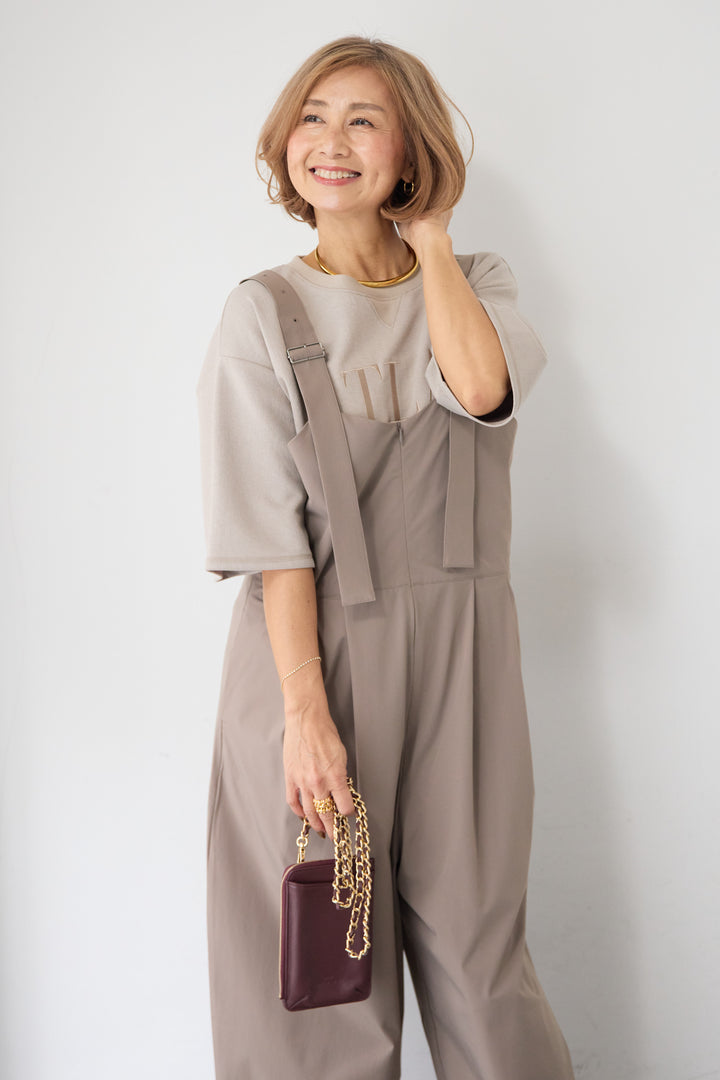 [SET]【セットアップ対応】刺繍ロゴ 5分袖スウェットプルオーバー+【接触冷感】ベルトサロペットパンツ(2set)