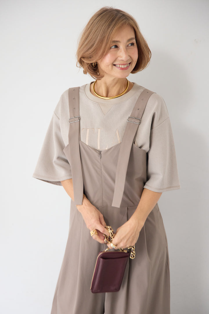 [SET]【セットアップ対応】刺繍ロゴ 5分袖スウェットプルオーバー+【接触冷感】ベルトサロペットパンツ(2set)