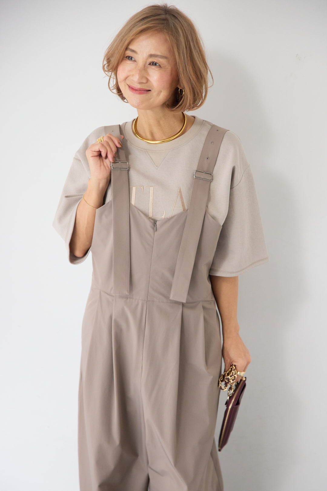 [SET]【セットアップ対応】刺繍ロゴ 5分袖スウェットプルオーバー+【接触冷感】ベルトサロペットパンツ(2set)