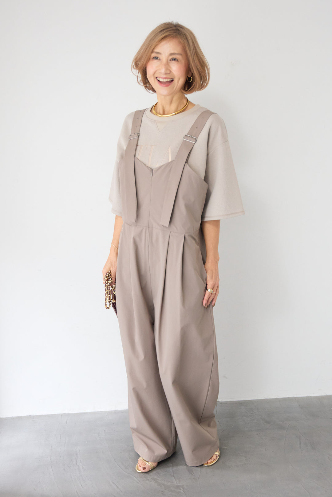 [SET]【セットアップ対応】刺繍ロゴ 5分袖スウェットプルオーバー+【接触冷感】ベルトサロペットパンツ(2set)