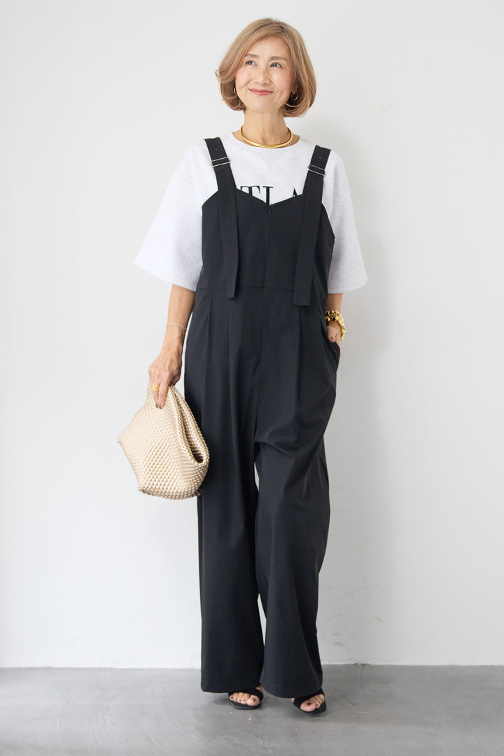 [SET]【セットアップ対応】刺繍ロゴ 5分袖スウェットプルオーバー+【接触冷感】ベルトサロペットパンツ(2set)