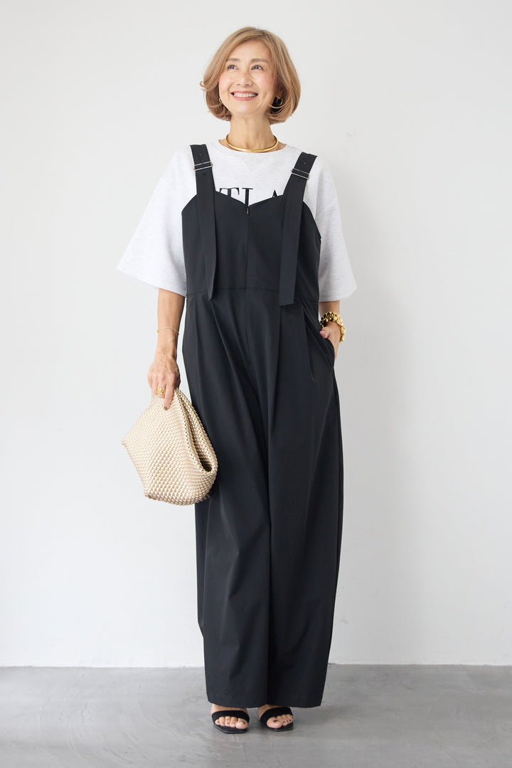 [SET]【セットアップ対応】刺繍ロゴ 5分袖スウェットプルオーバー+【接触冷感】ベルトサロペットパンツ(2set)