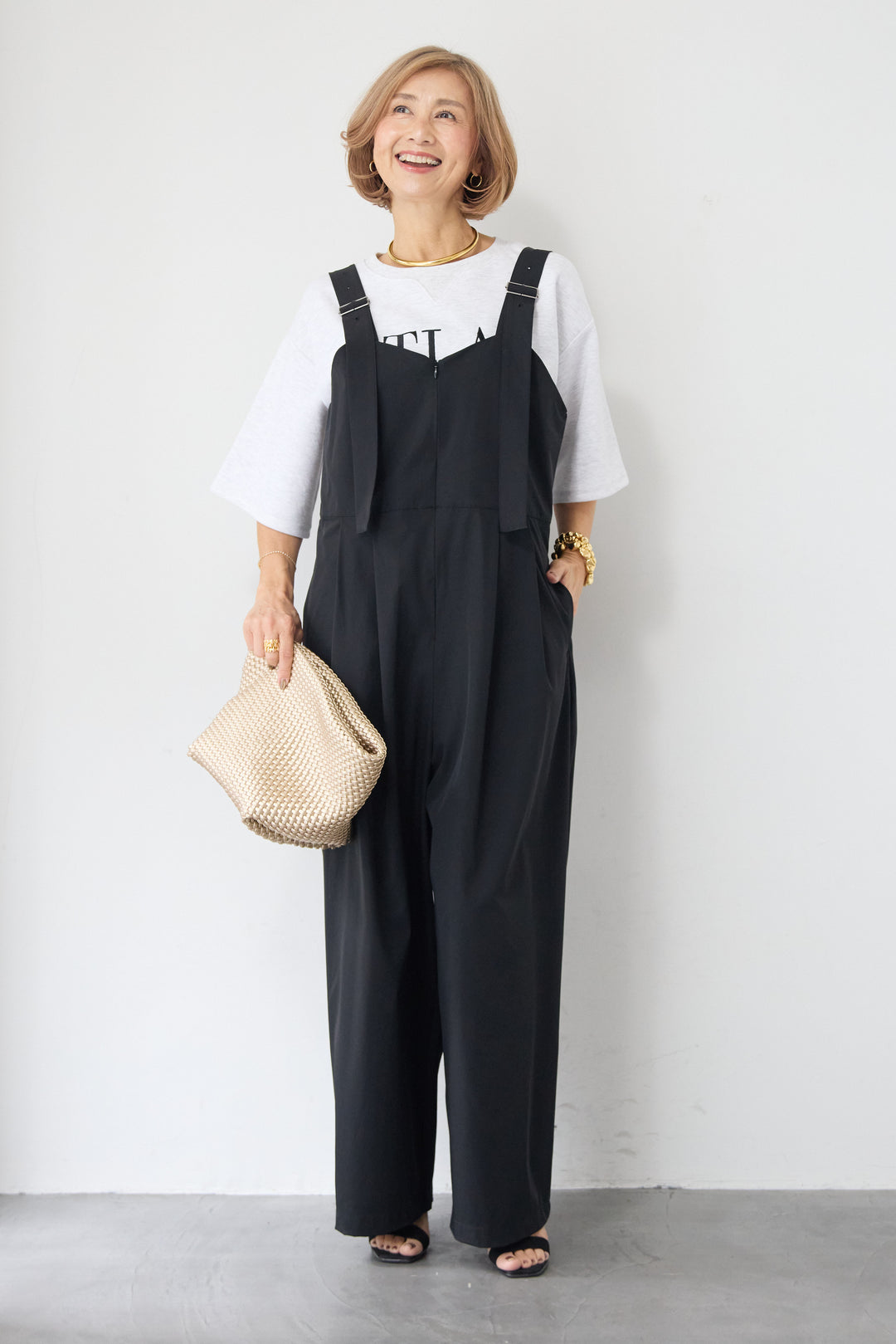 [SET]【セットアップ対応】刺繍ロゴ 5分袖スウェットプルオーバー+【接触冷感】ベルトサロペットパンツ(2set)