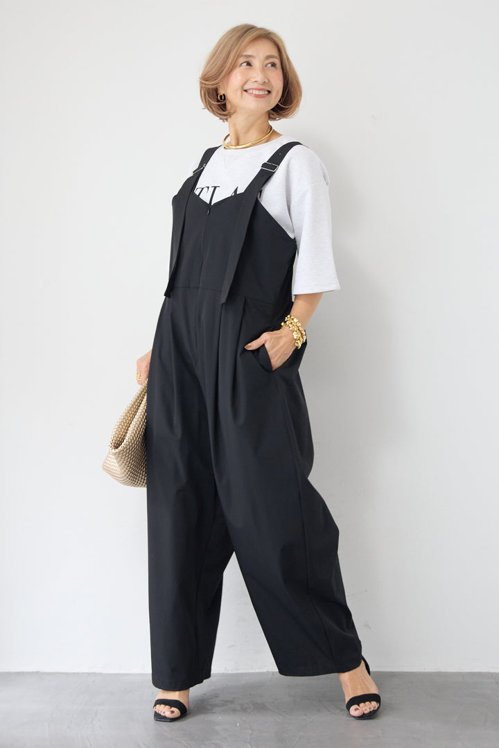 [SET]【セットアップ対応】刺繍ロゴ 5分袖スウェットプルオーバー+【接触冷感】ベルトサロペットパンツ(2set)