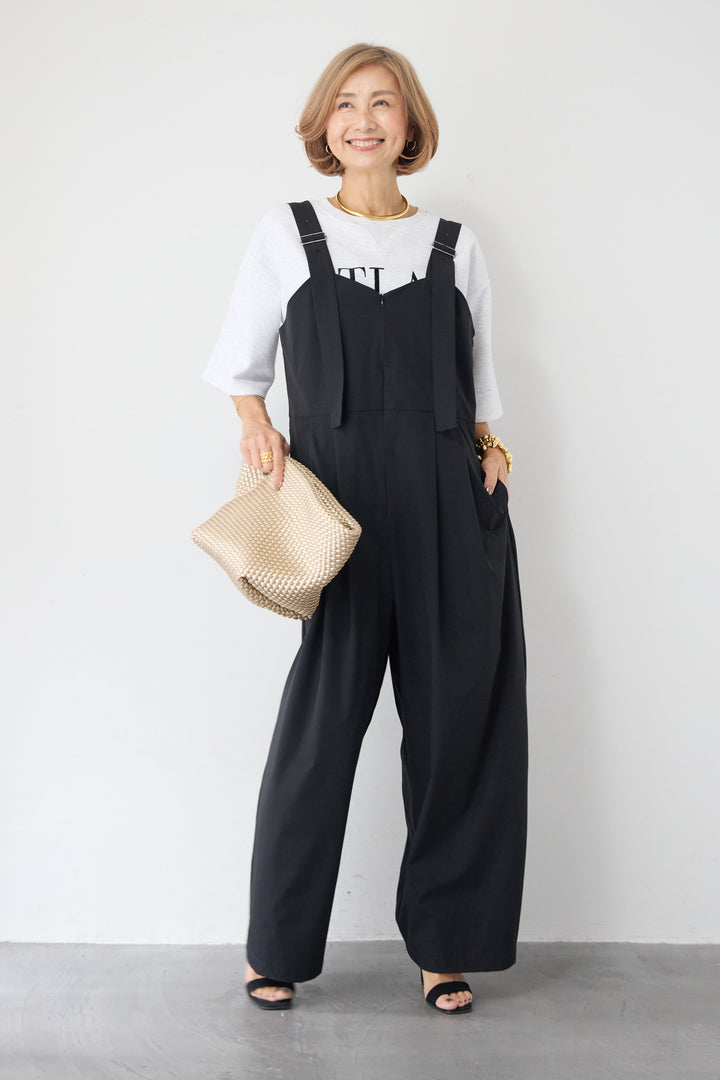 [SET]【セットアップ対応】刺繍ロゴ 5分袖スウェットプルオーバー+【接触冷感】ベルトサロペットパンツ(2set)