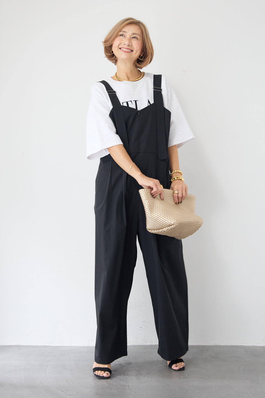 [SET]【セットアップ対応】刺繍ロゴ 5分袖スウェットプルオーバー+【接触冷感】ベルトサロペットパンツ(2set)