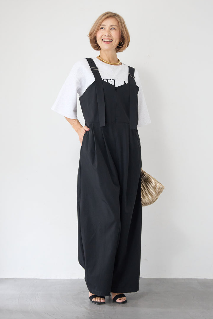 [SET]【セットアップ対応】刺繍ロゴ 5分袖スウェットプルオーバー+【接触冷感】ベルトサロペットパンツ(2set)