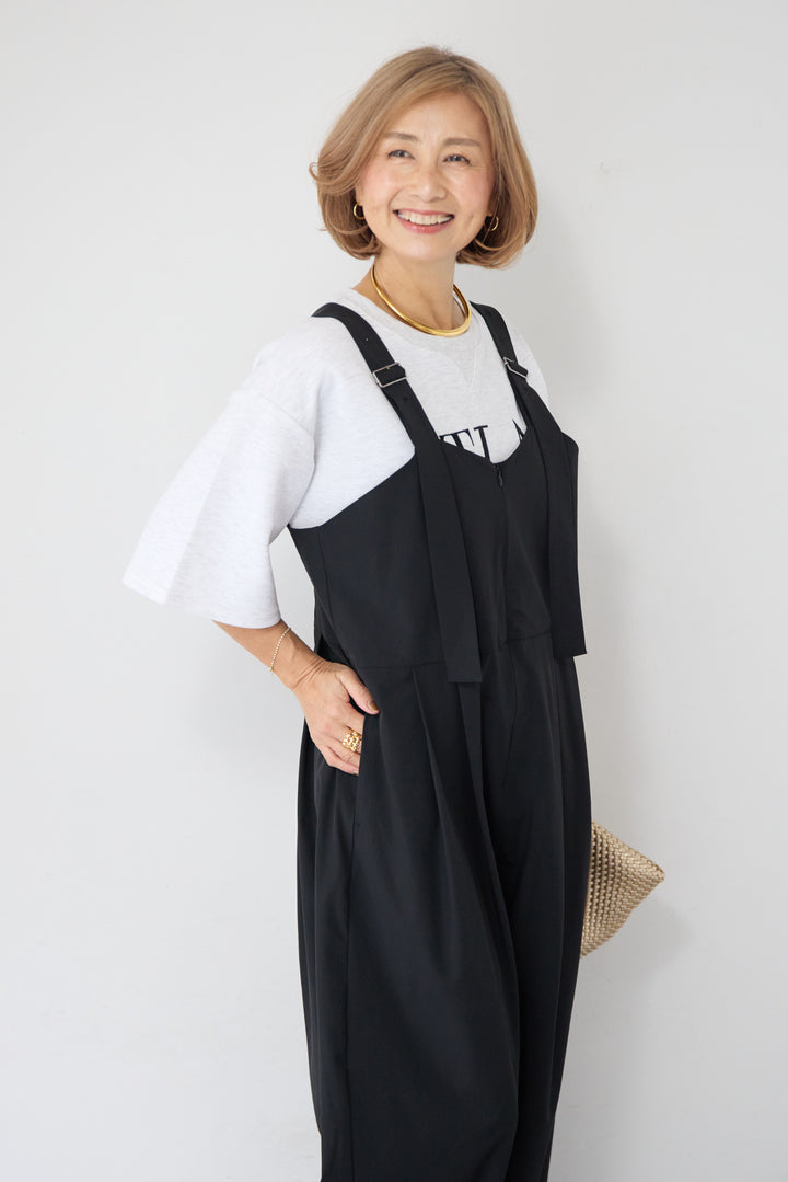 [SET]【セットアップ対応】刺繍ロゴ 5分袖スウェットプルオーバー+【接触冷感】ベルトサロペットパンツ(2set)