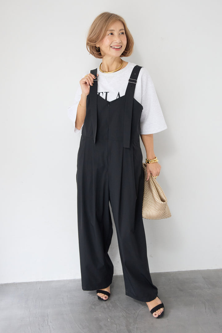 [SET]【セットアップ対応】刺繍ロゴ 5分袖スウェットプルオーバー+【接触冷感】ベルトサロペットパンツ(2set)