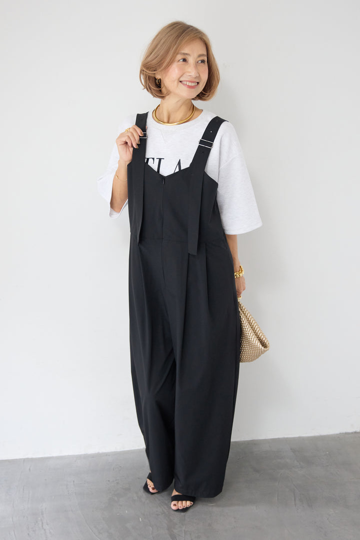 [SET]【セットアップ対応】刺繍ロゴ 5分袖スウェットプルオーバー+【接触冷感】ベルトサロペットパンツ(2set)