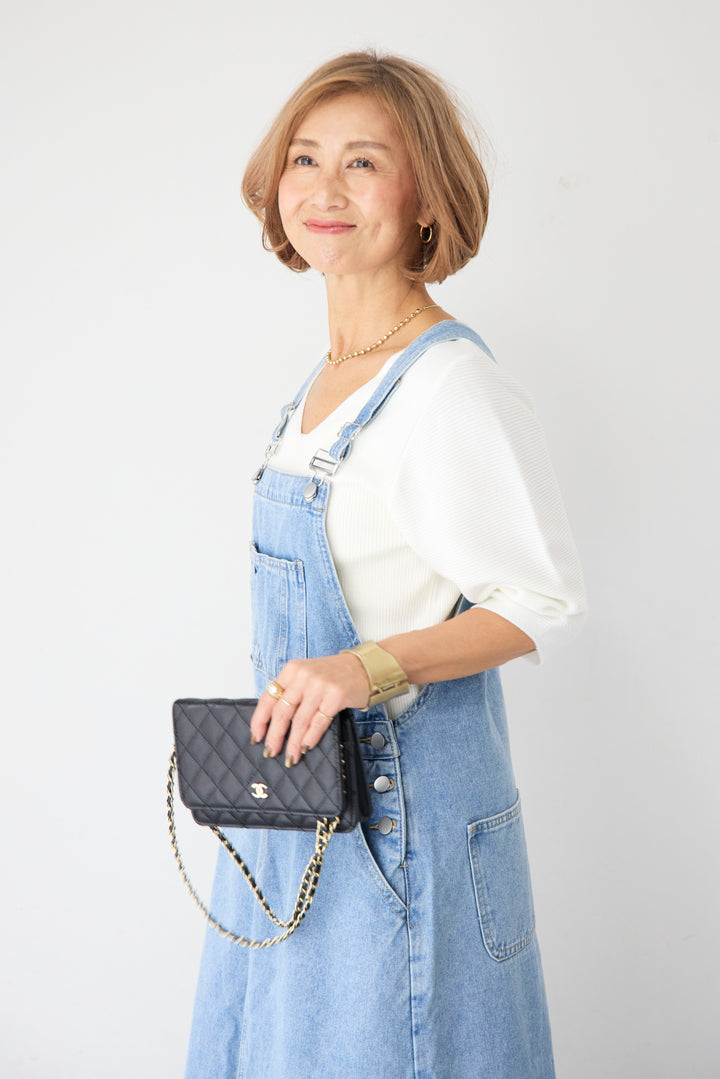 [SET]5分袖 Vネック リブプルオーバー+マキシ丈デニムサロペットスカート(2set)