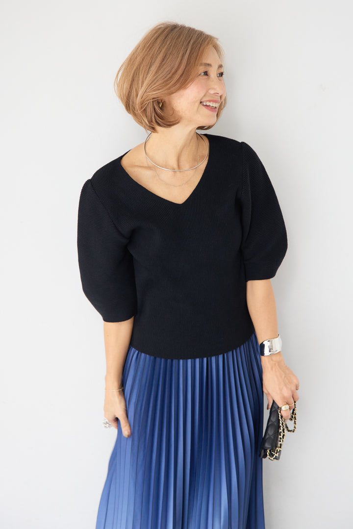 5分袖 Vネック リブプルオーバー