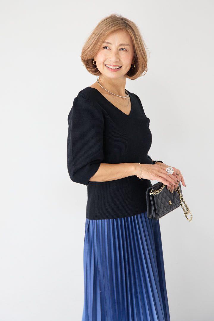 5分袖 Vネック リブプルオーバー