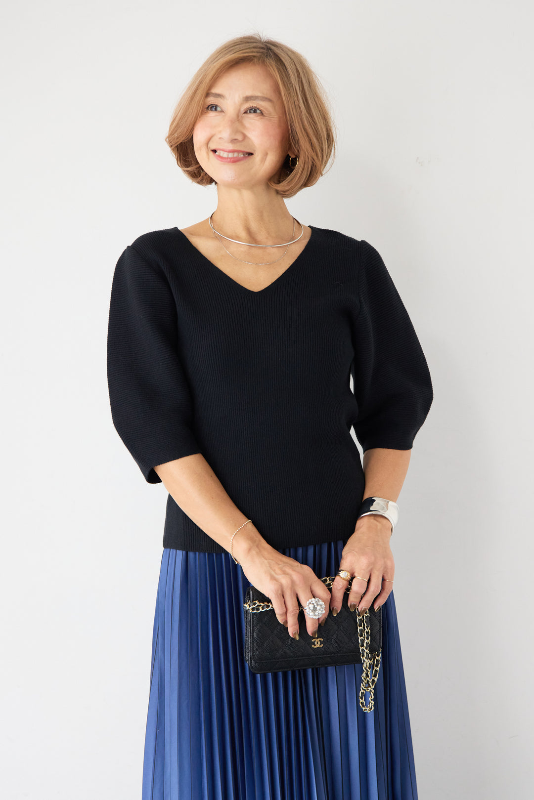 5分袖 Vネック リブプルオーバー