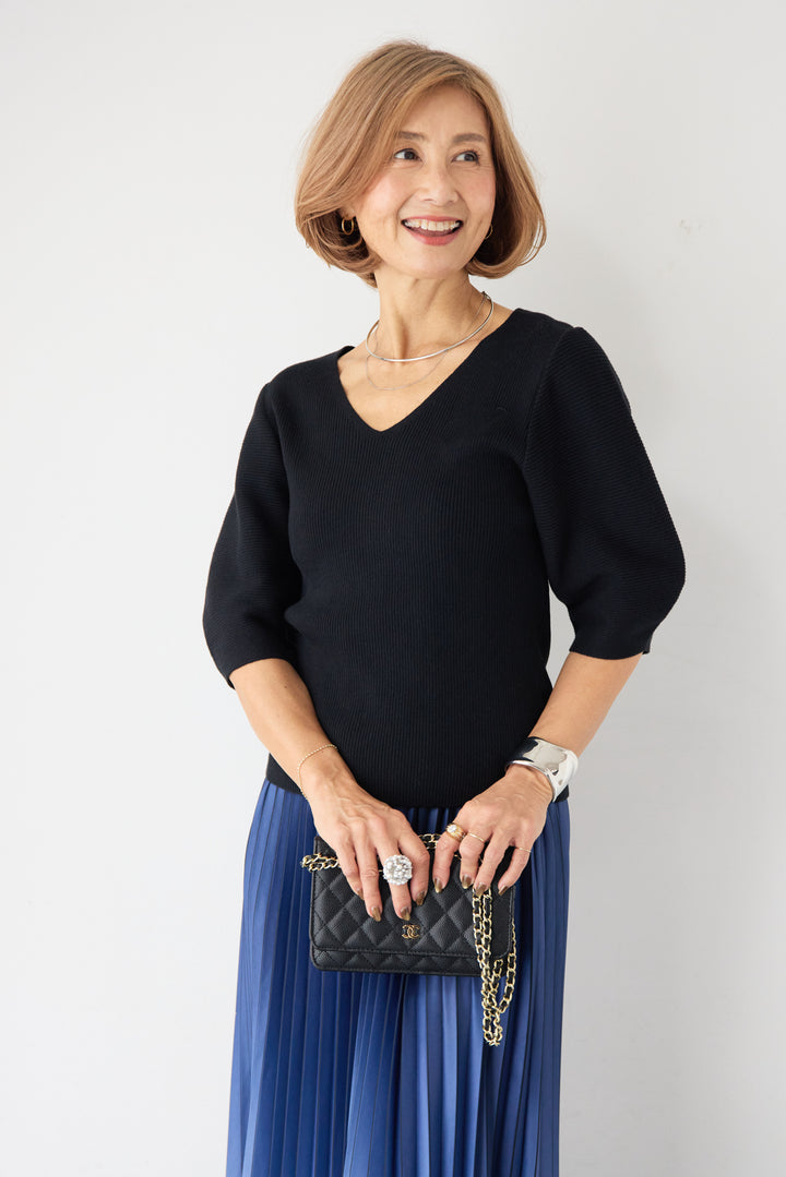 5分袖 Vネック リブプルオーバー