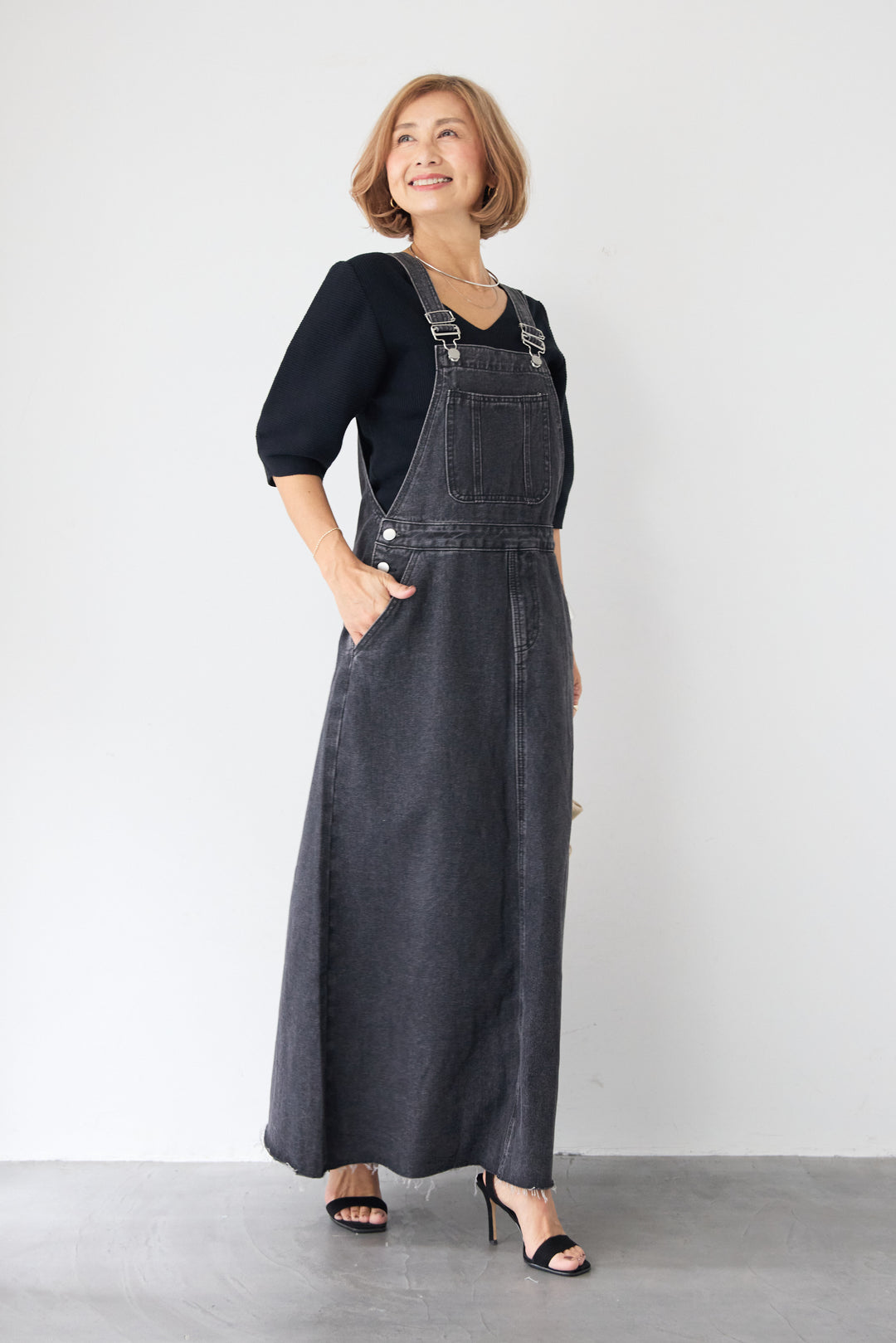 [SET]5分袖 Vネック リブプルオーバー+マキシ丈デニムサロペットスカート(2set)