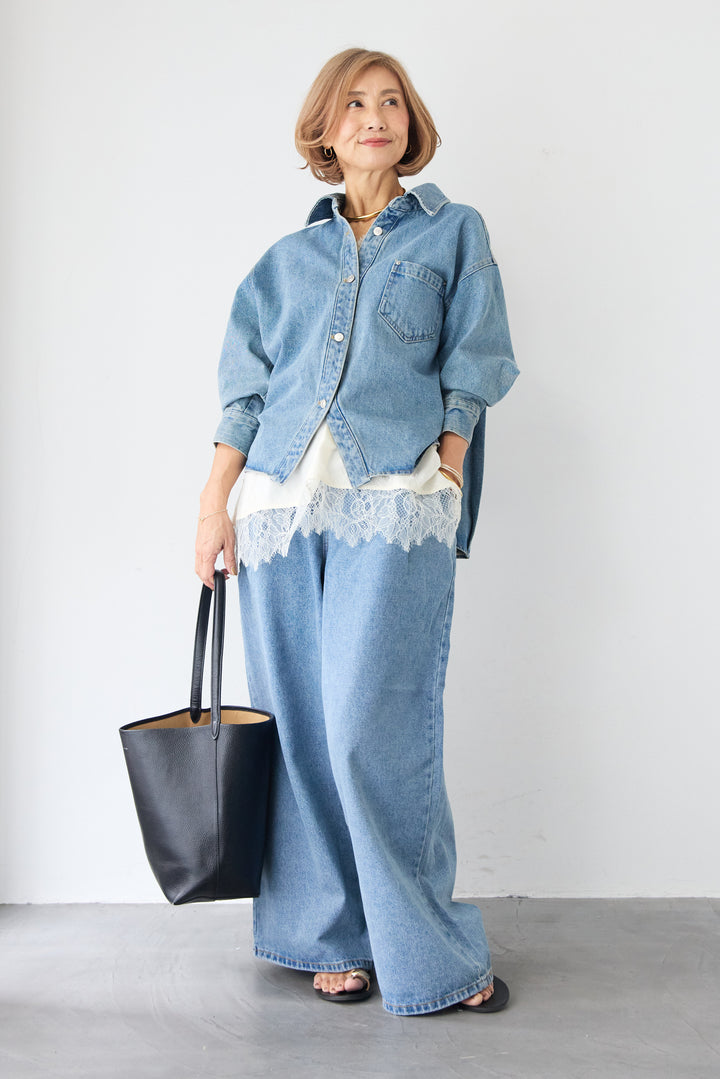 フロントタック・ワイドデニムパンツ