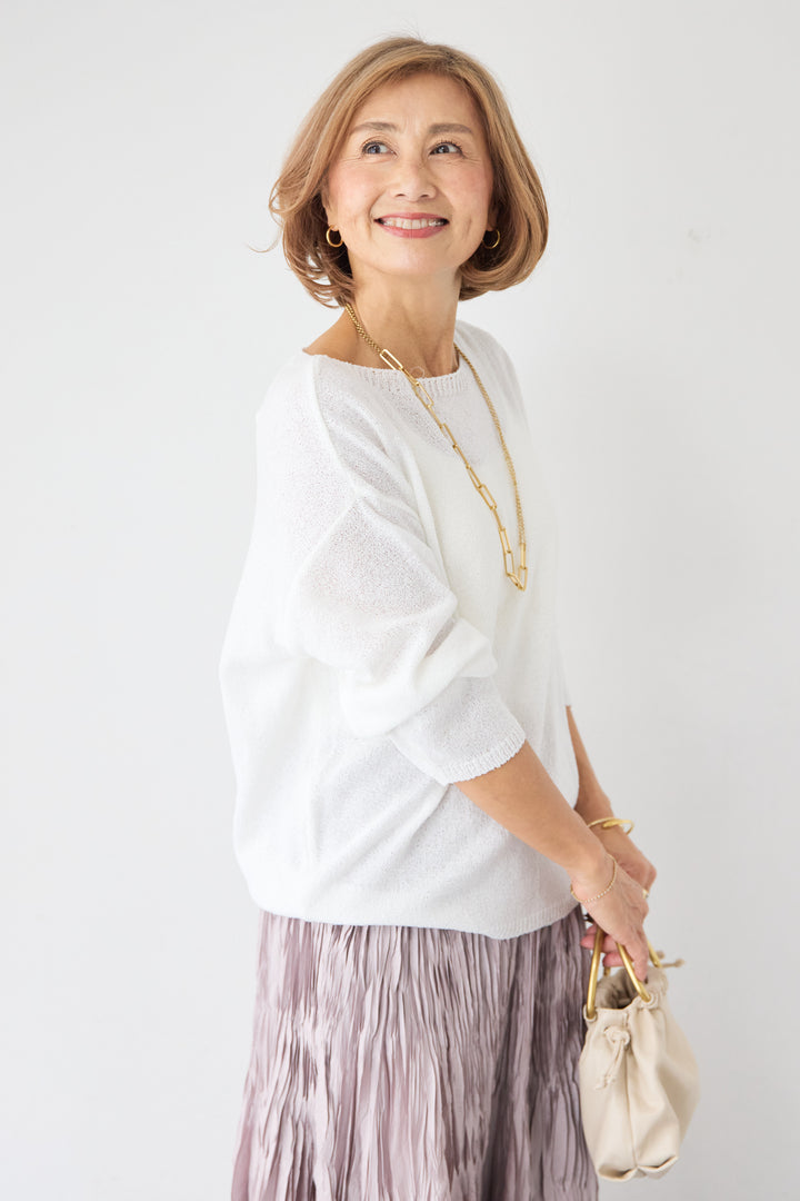 [SET]ボートネック シアーニット プルオーバー+シルキーワッシャー・エアリーマキシスカート(2set)