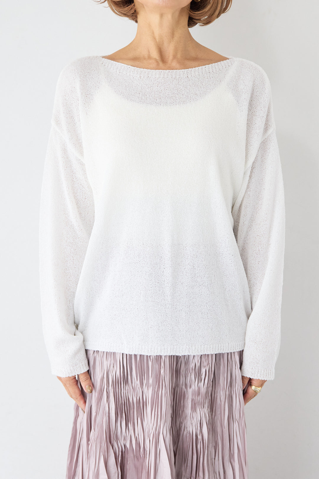 [SET]ボートネック シアーニット プルオーバー+シルキーワッシャー・エアリーマキシスカート(2set)