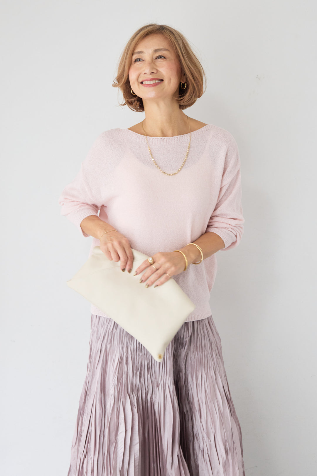 [SET]ボートネック シアーニット プルオーバー+シルキーワッシャー・エアリーマキシスカート(2set)