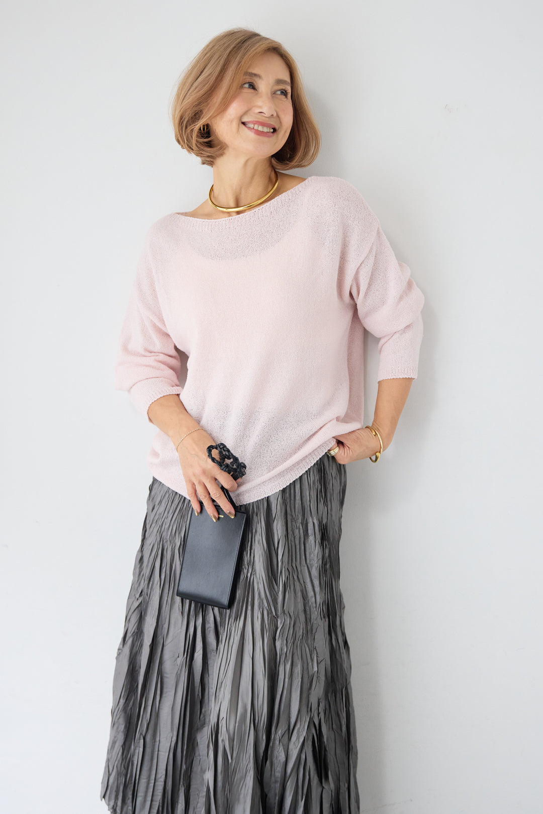 [SET]ボートネック シアーニット プルオーバー+シルキーワッシャー・エアリーマキシスカート(2set)