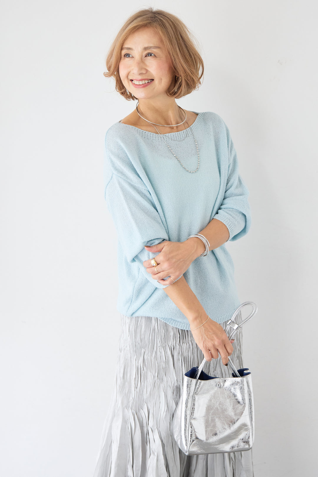 [SET]ボートネック シアーニット プルオーバー+シルキーワッシャー・エアリーマキシスカート(2set)