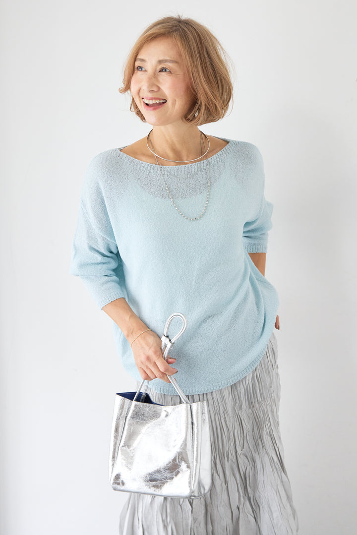 [SET]ボートネック シアーニット プルオーバー+シルキーワッシャー・エアリーマキシスカート(2set)