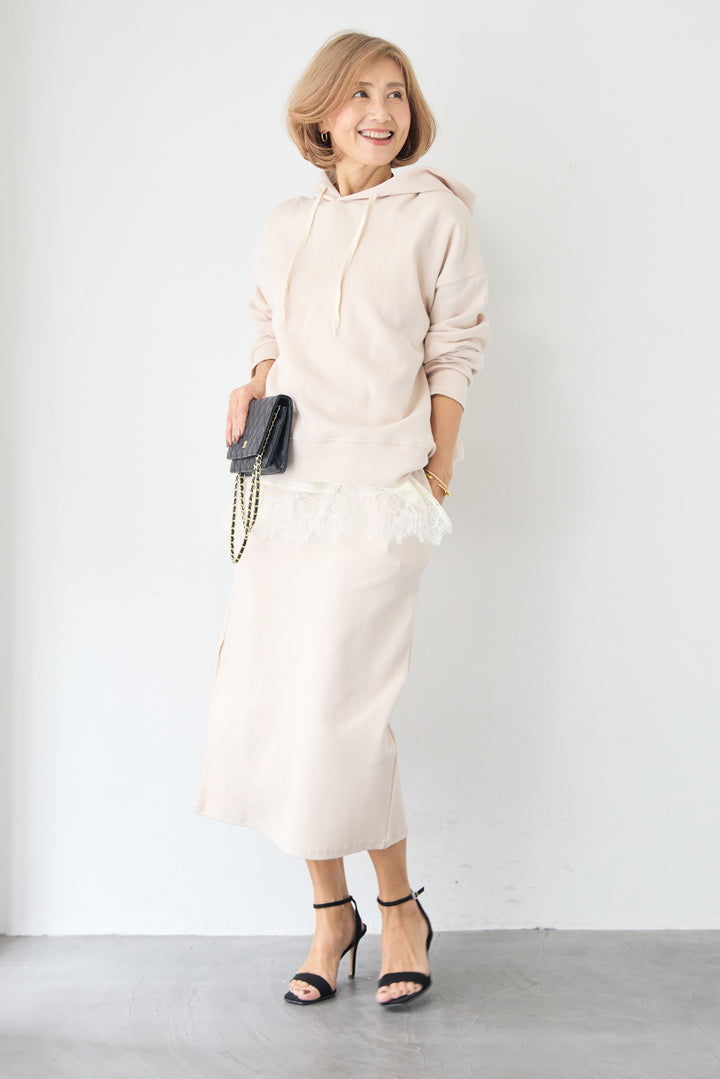 [SET]フーディパーカー＆タイトスカート セットアップ+シルキーエリュール レースキャミソール(2set)