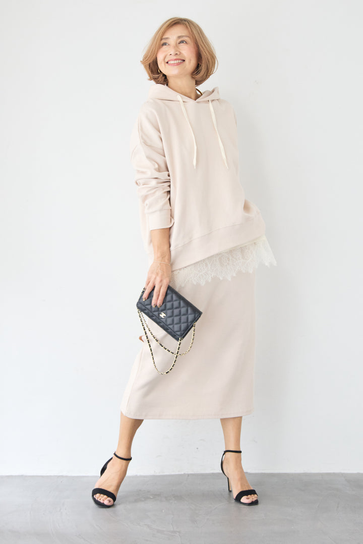 [SET]フーディパーカー＆タイトスカート セットアップ+シルキーエリュール レースキャミソール(2set)