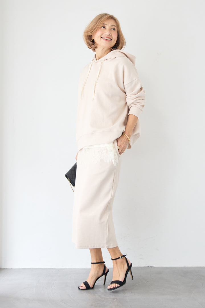 [SET]フーディパーカー＆タイトスカート セットアップ+シルキーエリュール レースキャミソール(2set)