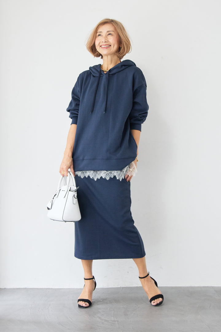 [SET]フーディパーカー＆タイトスカート セットアップ+シルキーエリュール レースキャミソール(2set)