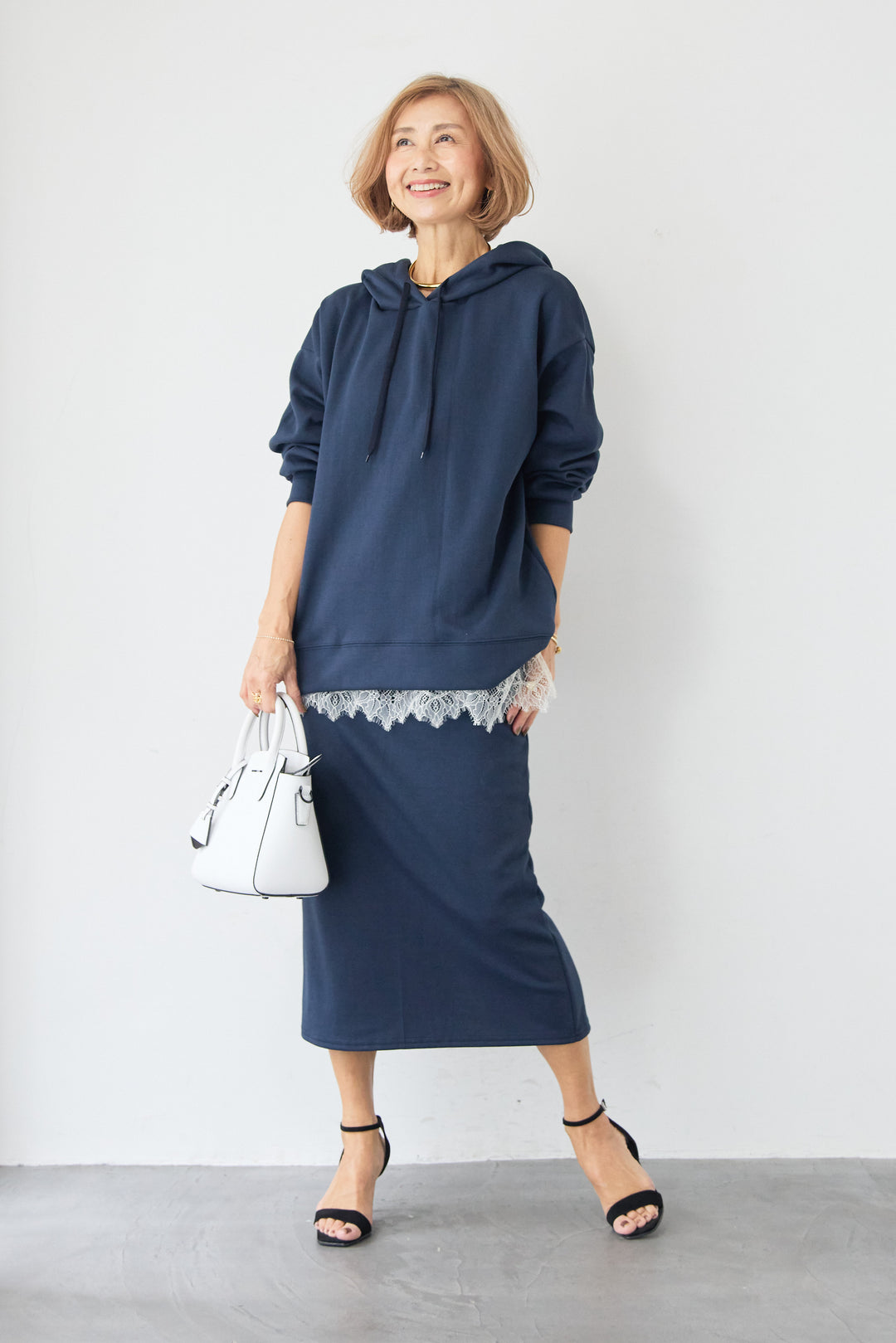 [SET]フーディパーカー＆タイトスカート セットアップ+シルキーエリュール レースキャミソール(2set)