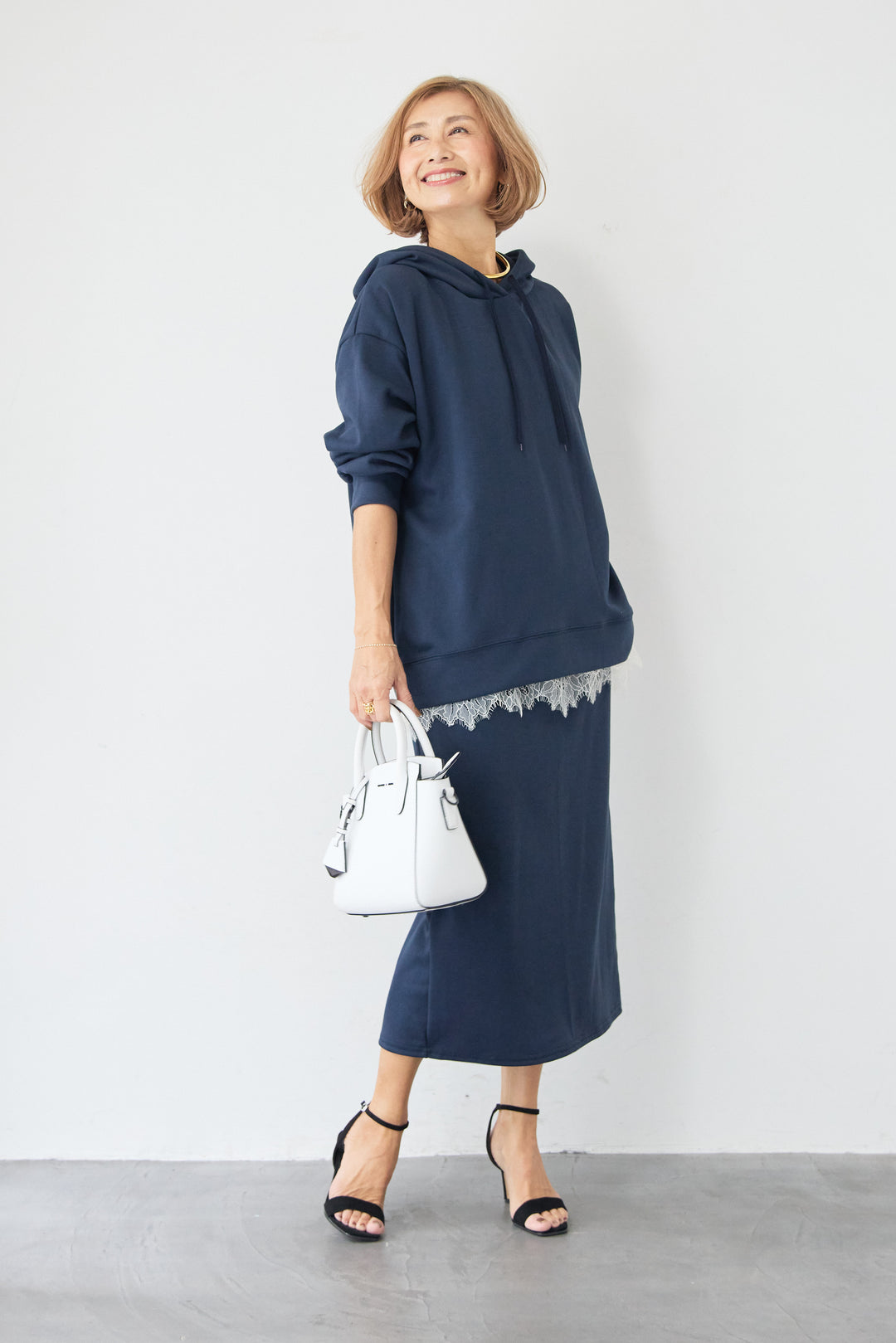 [SET]フーディパーカー＆タイトスカート セットアップ+シルキーエリュール レースキャミソール(2set)