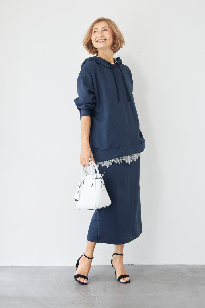 [SET]フーディパーカー＆タイトスカート セットアップ+シルキーエリュール レースキャミソール(2set)