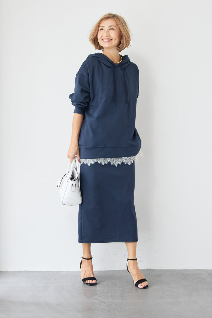 [SET]フーディパーカー＆タイトスカート セットアップ+シルキーエリュール レースキャミソール(2set)