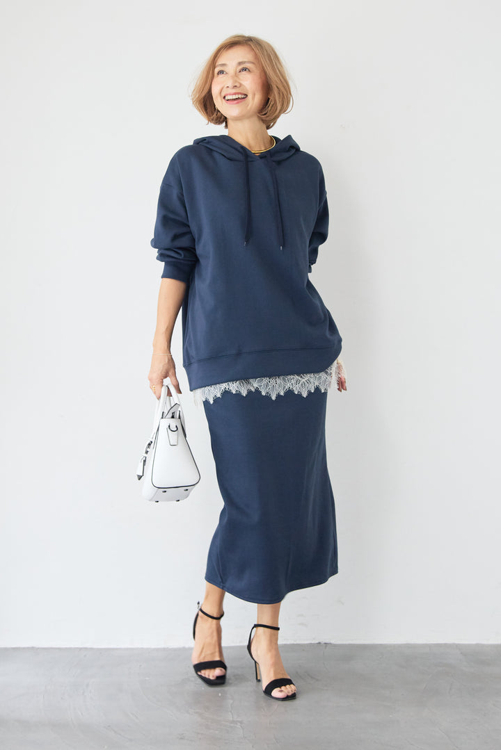 [SET]フーディパーカー＆タイトスカート セットアップ+シルキーエリュール レースキャミソール(2set)