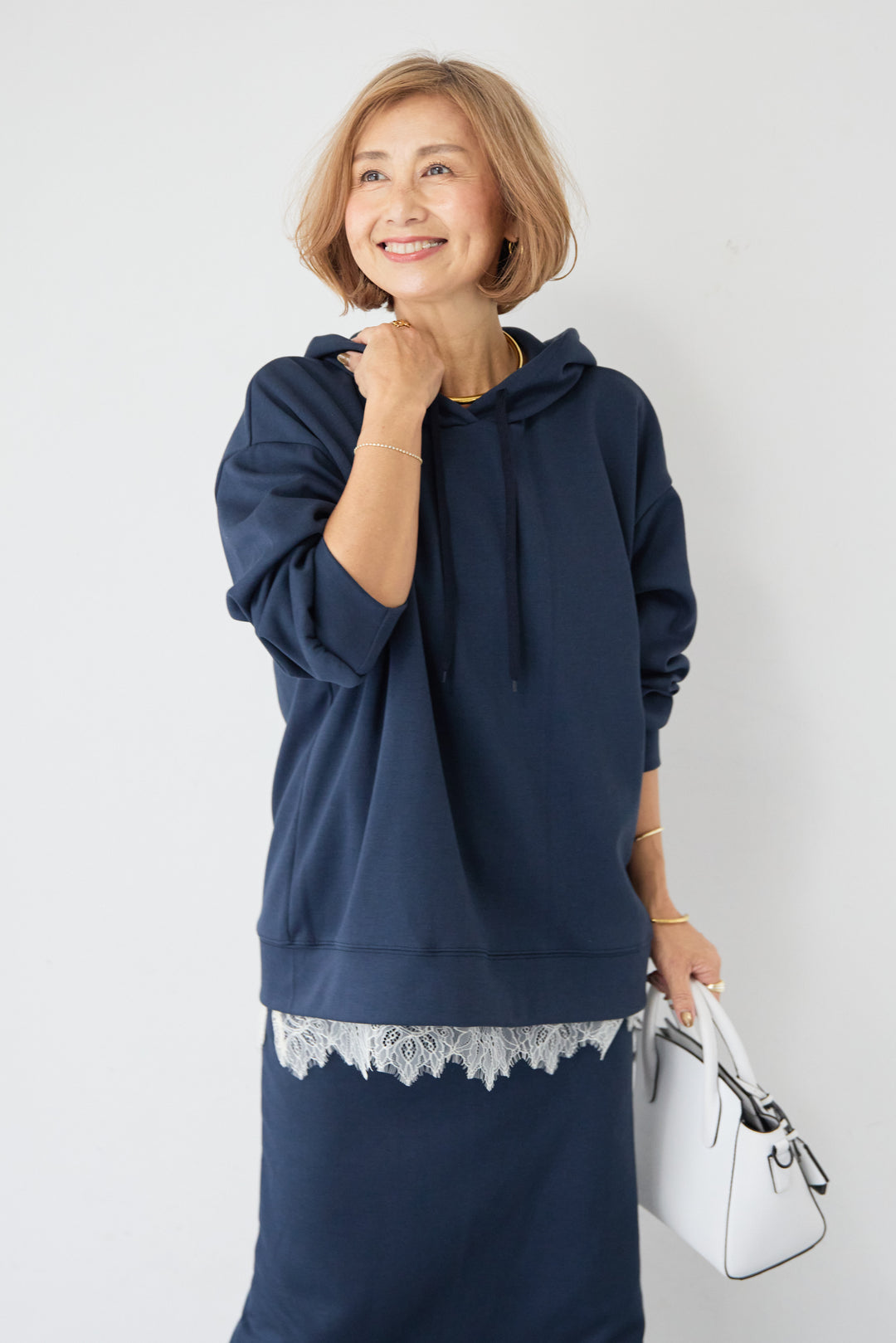 [SET]フーディパーカー＆タイトスカート セットアップ+シルキーエリュール レースキャミソール(2set)