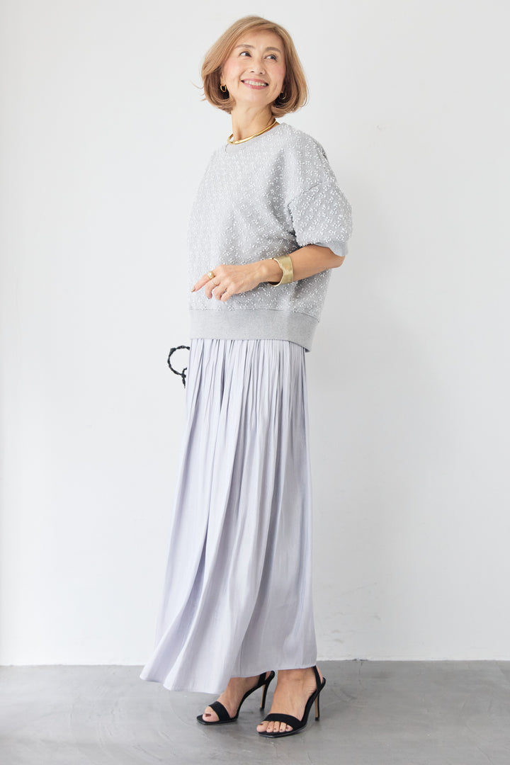 [SET]カットジャガード 5分袖 プルオーバー+ヴィンテージサテン ボリュームフレアスカート(2set)