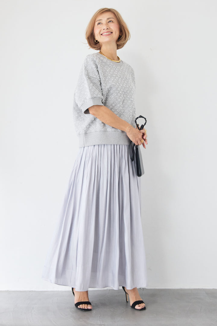 [SET]カットジャガード 5分袖 プルオーバー+ヴィンテージサテン ボリュームフレアスカート(2set)