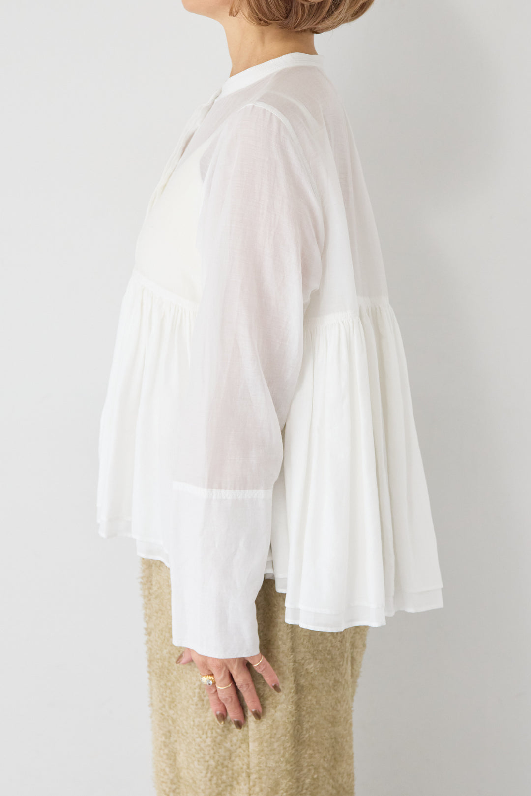 [SET]コットンシアー バンドカラーブラウス+カットジャガード フリンジ ワイドパンツ(2set)