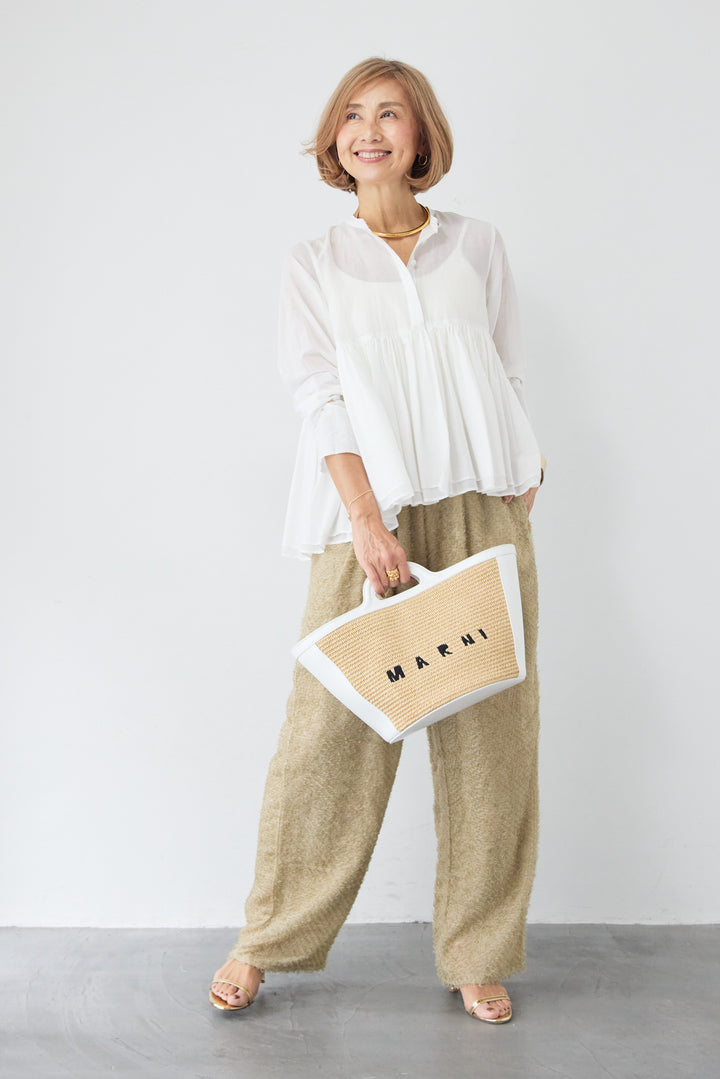 [SET]コットンシアー バンドカラーブラウス+カットジャガード フリンジ ワイドパンツ(2set)