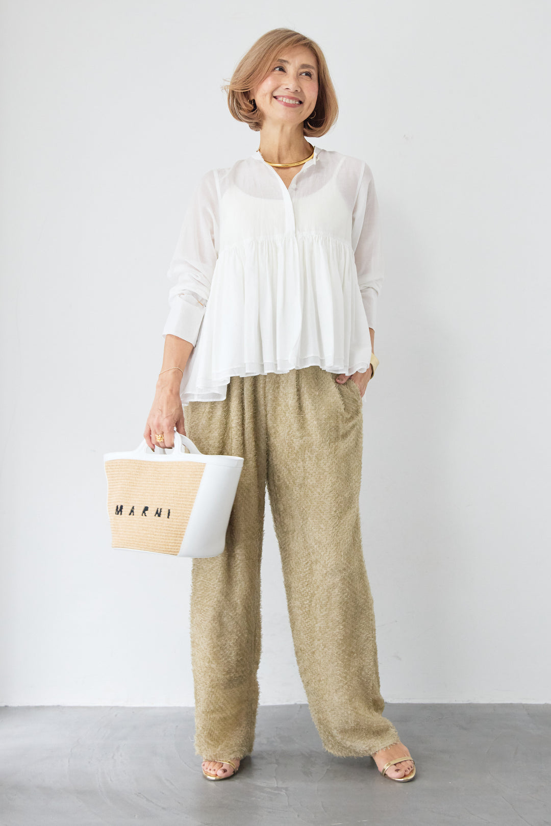 コットンシアー バンドカラーブラウス